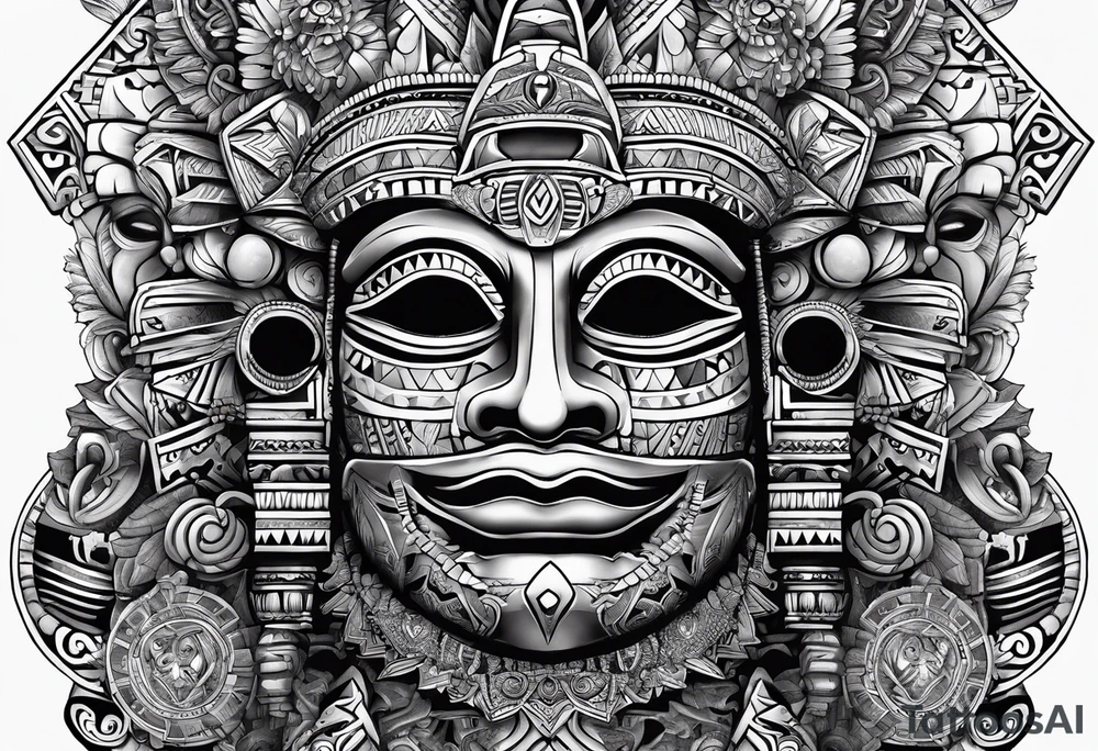 toroids, pyramids, Aztec teaky mask, native, full mask tattoo idea