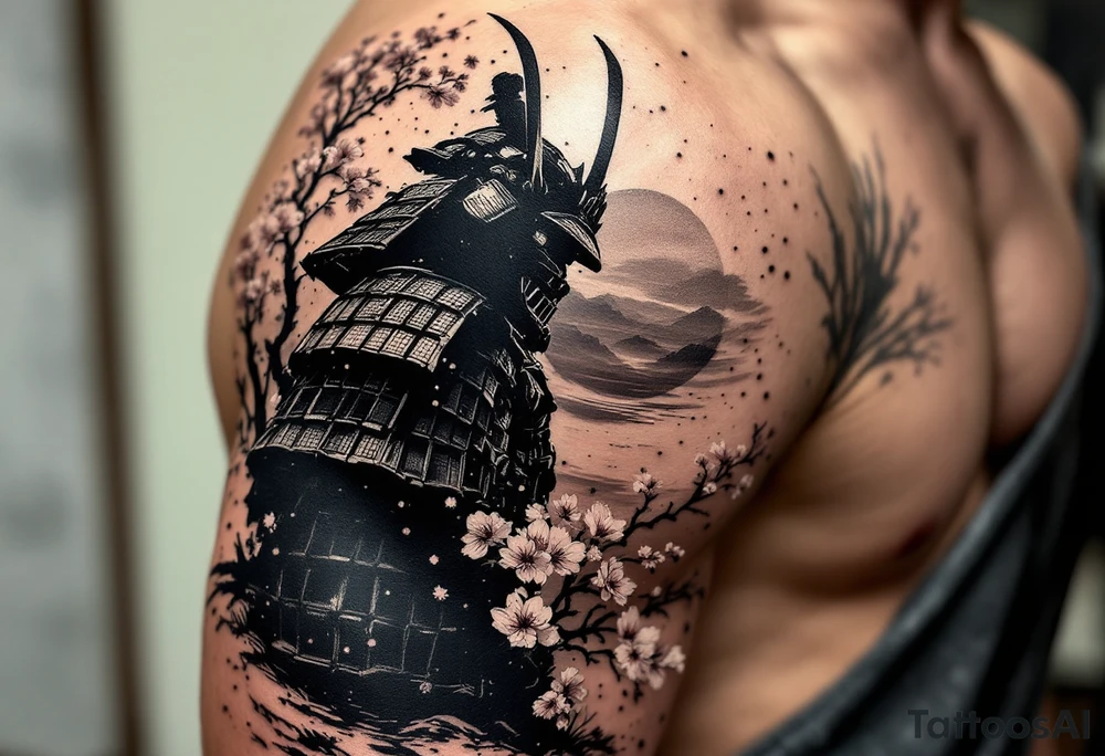 noble samurai warrior silhouette at sunset with cherry blossoms tattoo idea