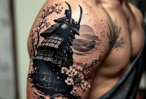 noble samurai warrior silhouette at sunset with cherry blossoms tattoo idea