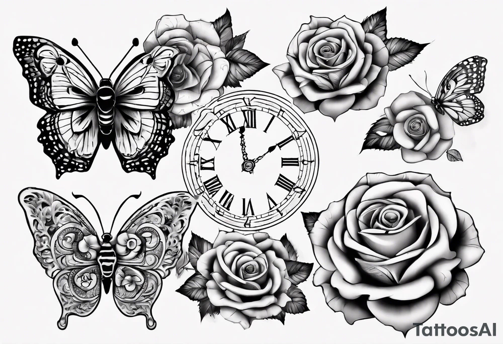 Baby name clock mandala rose butterfly tattoo idea