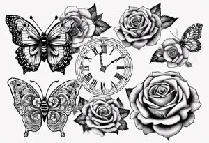 Baby name clock mandala rose butterfly tattoo idea