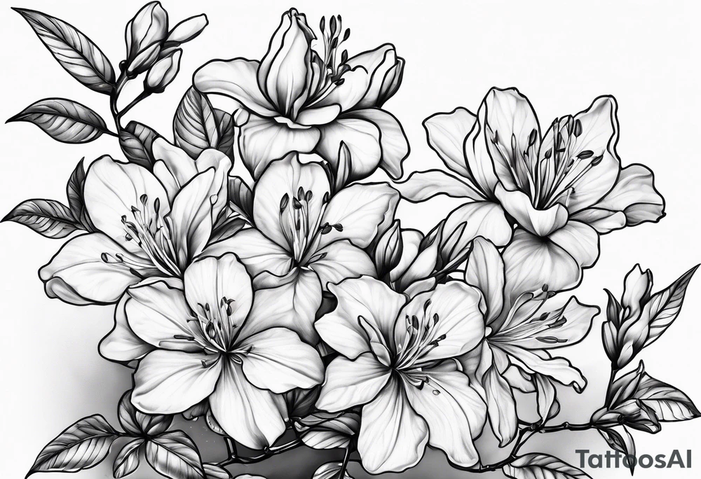 5-petal azaleas with buds along a long branch tattoo idea