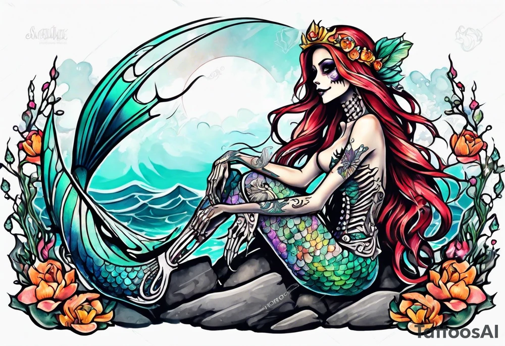 Skeleton mermaid sitting on rock tattoo idea