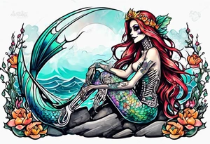Skeleton mermaid sitting on rock tattoo idea