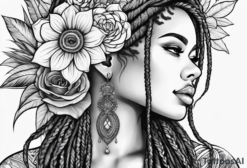 Woman with dreadlocks and flowers in mandala tattoo idea