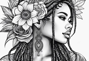 Woman with dreadlocks and flowers in mandala tattoo idea