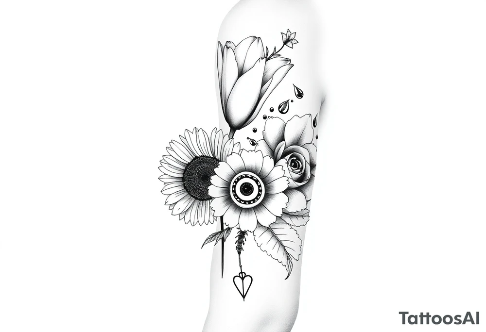 Tulip withSunflower and a Rose also a Bee with Water symbol Fire symbol Earth symbol
Wind 
Phoenix 
Evil eye 
888 tattoo idea