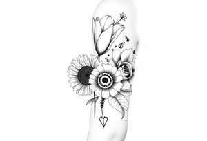 Tulip withSunflower and a Rose also a Bee with Water symbol Fire symbol Earth symbol
Wind 
Phoenix 
Evil eye 
888 tattoo idea