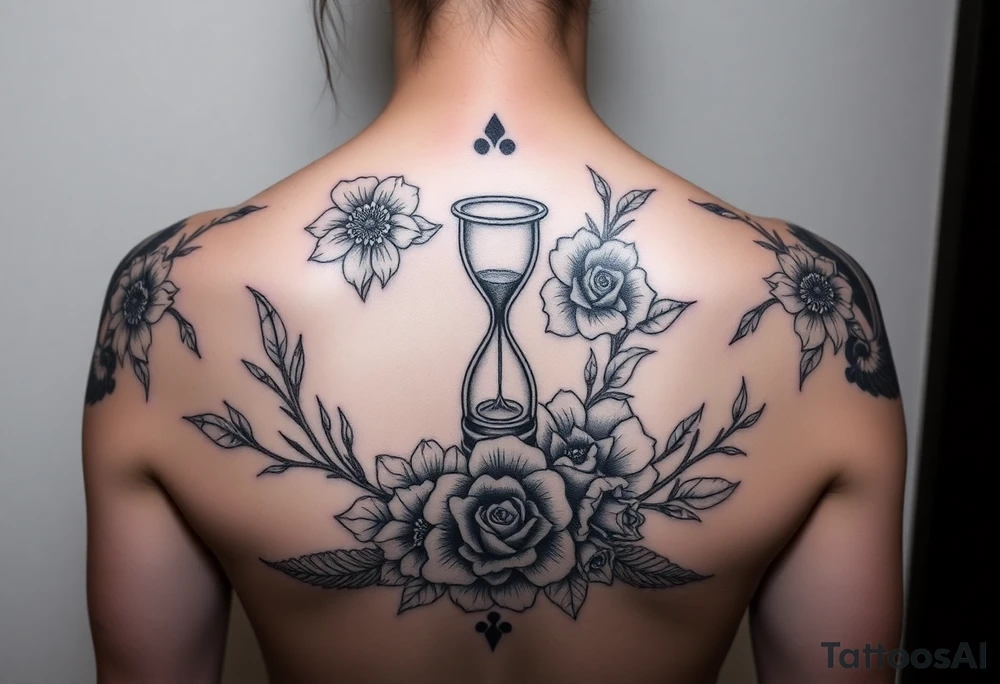 Feminine, full back tattoo, with matching florals on the shoulders, with an hour glass tattoo idea