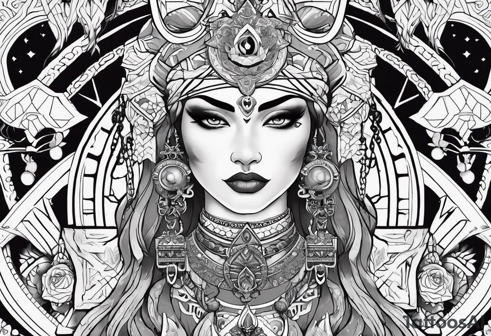 kali ma, alien goddess, valkrye, aries, pirate, divine feminine, zenza resonance, pachamama, lotus azul, blank panther, eagle, skull, 5D, nueva gaya, dna 12, left side chest tatoo tattoo idea