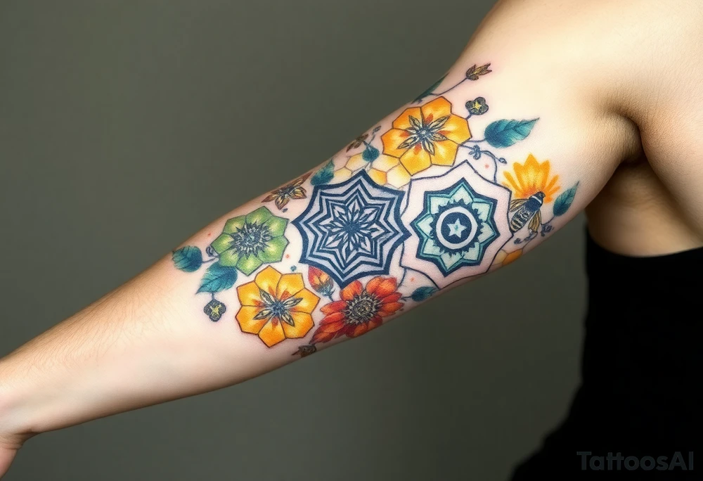 Good karma symbols inside honey combs tattoo idea