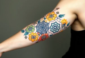 Good karma symbols inside honey combs tattoo idea