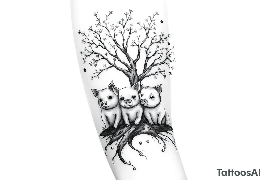 3 little piggy's hiding under a a tree tattoo idea