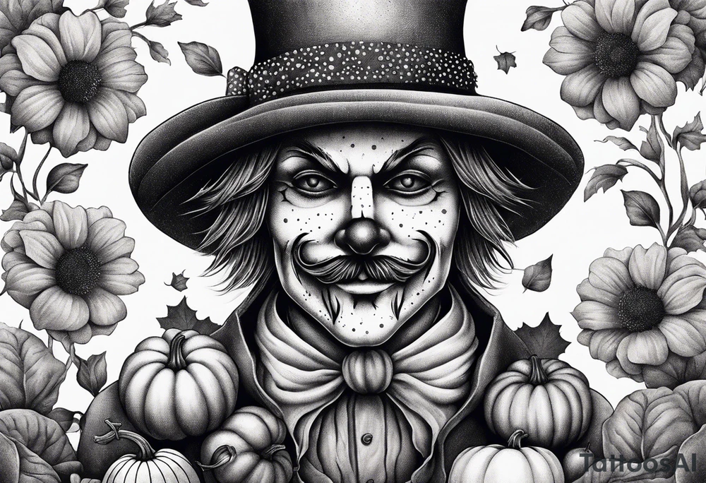 friendly scarecrow with pumpkins and flowers tattoo idea