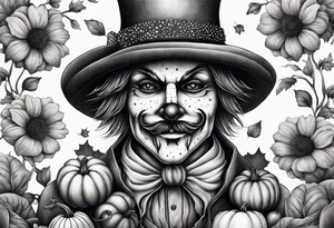 friendly scarecrow with pumpkins and flowers tattoo idea