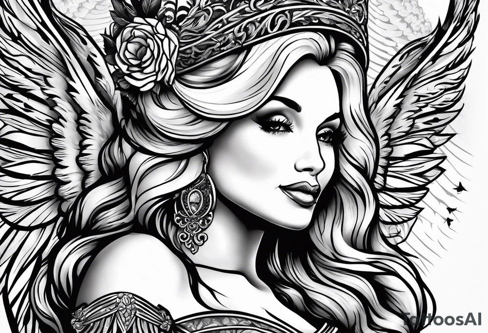 An angelic tattoo featuring Dolly Parton, an acorn, wings tattoo idea