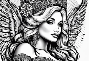 An angelic tattoo featuring Dolly Parton, an acorn, wings tattoo idea