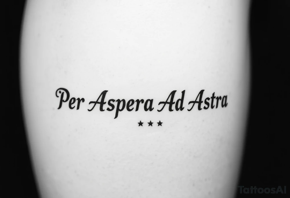 The phrase "Per Aspera Ad Astra" above the knee using Paragone Fancy Aesthetic Serif font. Also add a couple small minor stars at the end of the phrase tattoo idea