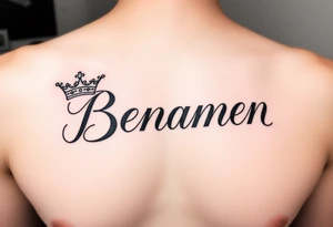 The name Benjamin with a kings crown at the front of the word, on the left side of a women’s chest above the heart  in cursive tattoo idea