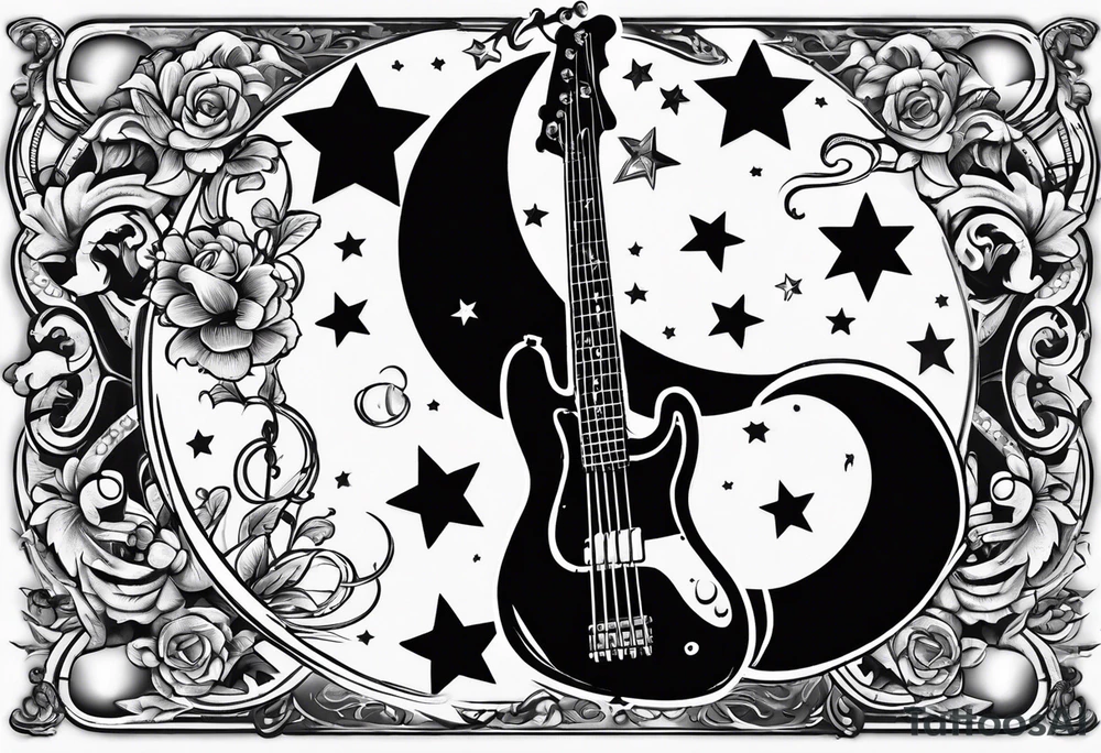 A well balanced tattoo full left arm with the following images: a bass guitar, 2 stars, 1  quarter moon, a caduceus symbol and a mickey mouse tattoo idea