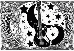 A well balanced tattoo full left arm with the following images: a bass guitar, 2 stars, 1  quarter moon, a caduceus symbol and a mickey mouse tattoo idea