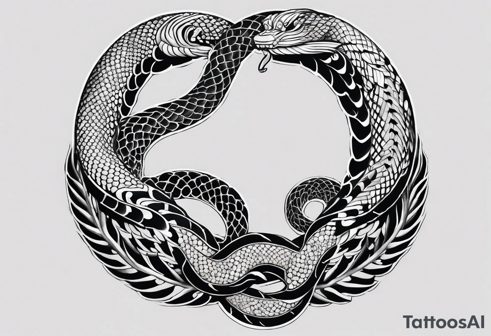 Two headed snake tattoo for placement along the spine in japanese style where the head is positioned at the bottom end of my spine to symbolise a journey of healing and transformation with reference to being a Gemini and twin tattoo idea