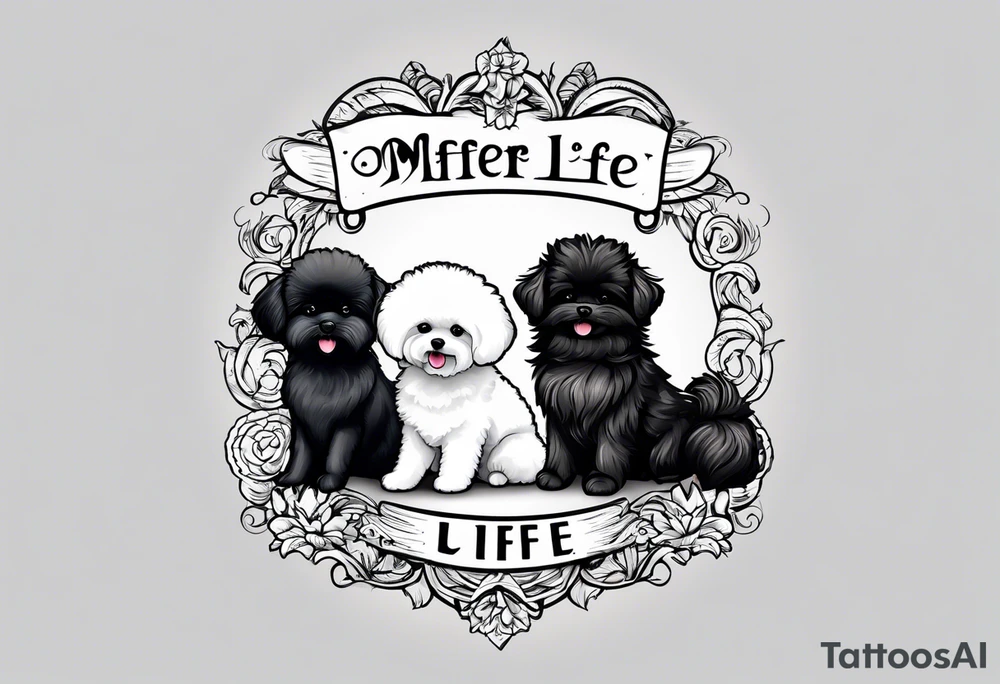 A white Bichon frise with a black pomeranian and a black poodle with the words “MFer For Life” tattoo idea