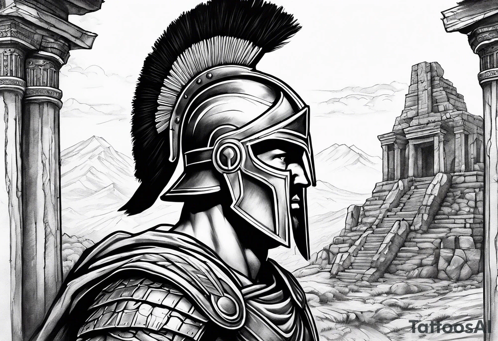 Right Side profile of spartan soilder with ancient ruins in background tattoo idea