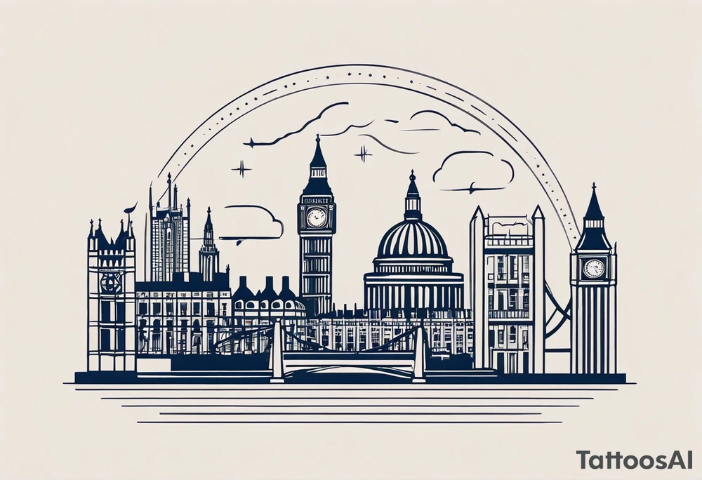 A minimalistic, abstract design capturing the architectural essence and vibe of London. Key elements of London’s skyline and structure are hinted at with clean lines, and subtle detailing includes personal touches, like a nod to Feid’s signature look (hat, glasses, mustache), integrated discreetly to honor a memorable concert experience. tattoo idea