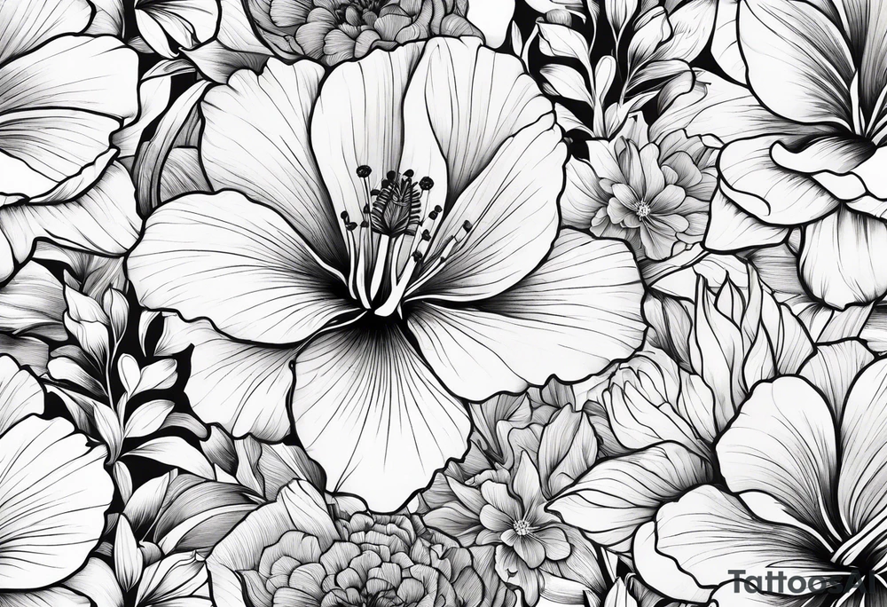 Verticle arm placement of dainty hibiscus, TULIPS, LILLIES, DRAGONflower, with wildflowers, poppy, bees, peony, forearm tattoo idea