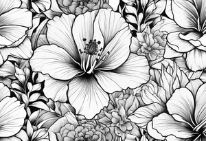 Verticle arm placement of dainty hibiscus, TULIPS, LILLIES, DRAGONflower, with wildflowers, poppy, bees, peony, forearm tattoo idea