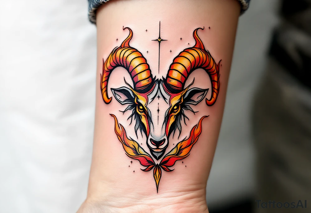 A dynamic Aries design frames the Aries star constellation in vibrant flame motifs of orange, red, and yellow. tattoo idea