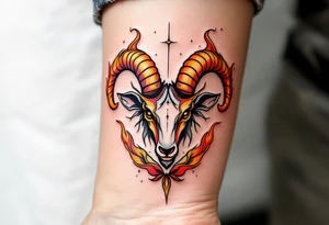 A dynamic Aries design frames the Aries star constellation in vibrant flame motifs of orange, red, and yellow. tattoo idea
