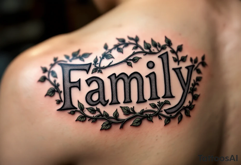 The word family engraved into a stone motif in gray ink, with ivy in muted green wrapping around. tattoo idea