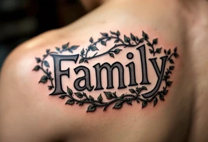 The word family engraved into a stone motif in gray ink, with ivy in muted green wrapping around. tattoo idea