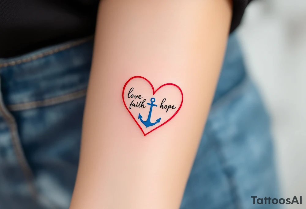 Tiny black font love faith hope placed within a heart outline in red, with a gold cross on top and a blue anchor below. tattoo idea