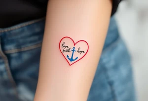 Tiny black font love faith hope placed within a heart outline in red, with a gold cross on top and a blue anchor below. tattoo idea