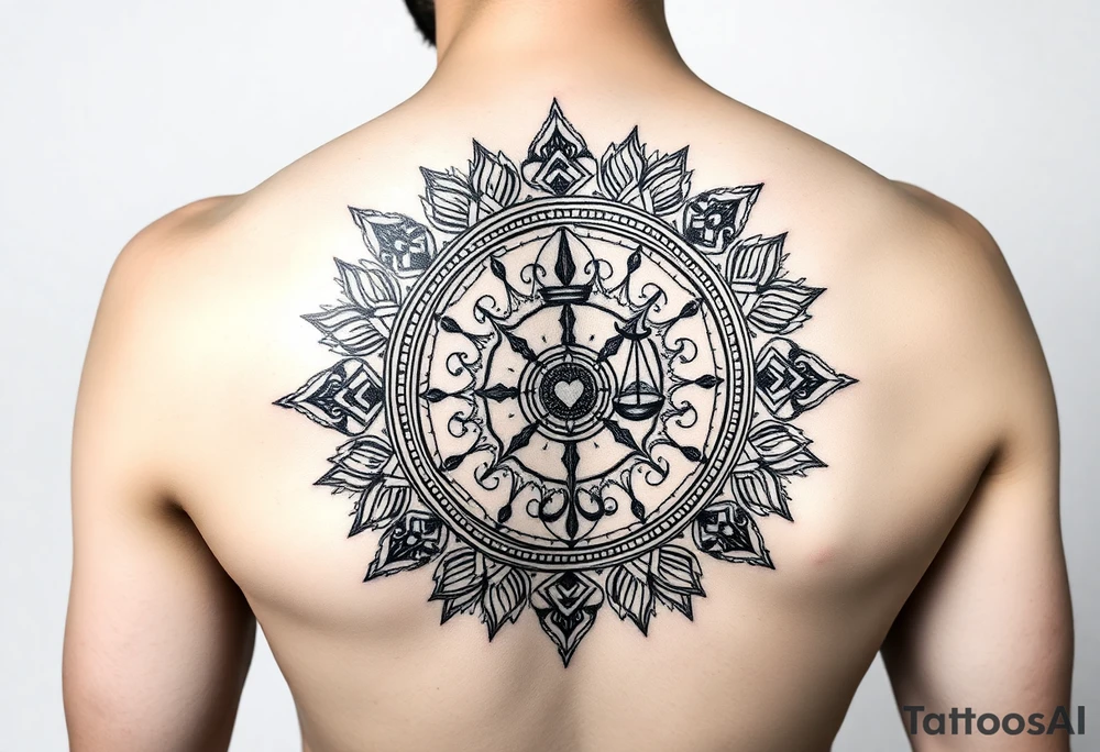 1. The Story Mandala
	•	A circular mandala design spreading across the shoulder.
	•	Each ring or quadrant holds a symbol of you:
	•	Geisha (Japan + your back tattoo tie-in).
	•	Rose (favorite flower, vibration/energy).
	•	Scales with a heart + key (finance, love, duality).
	•	World map silhouette (travel and global perspective). tattoo idea