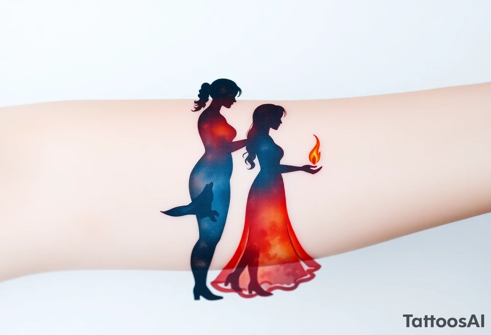 Silhouette of grandmother, mother and daughter passing a flame from oldest to youngest with the flame growing as it goes. tattoo idea