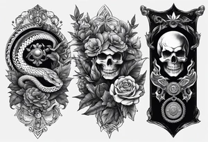 sleeve tattoo with a snake, gun, weed symbol and a medallion tattoo idea