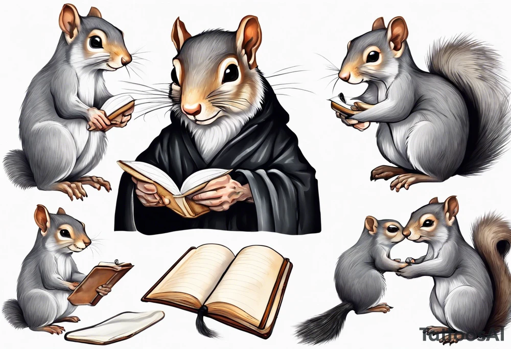 an elderly grey squirrel with a long beard wearing a black robe writing in a journal tattoo idea