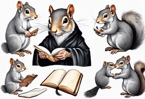 an elderly grey squirrel with a long beard wearing a black robe writing in a journal tattoo idea
