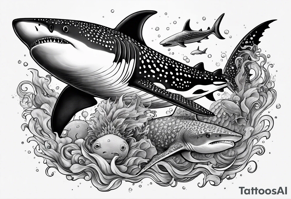 shark, octapus, lion, whale shark, manta ray sleeve tattoo idea