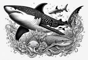 shark, octapus, lion, whale shark, manta ray sleeve tattoo idea