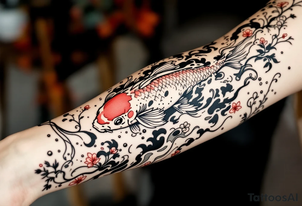 traditional koi fish swimming upstream through turbulent waves tattoo idea