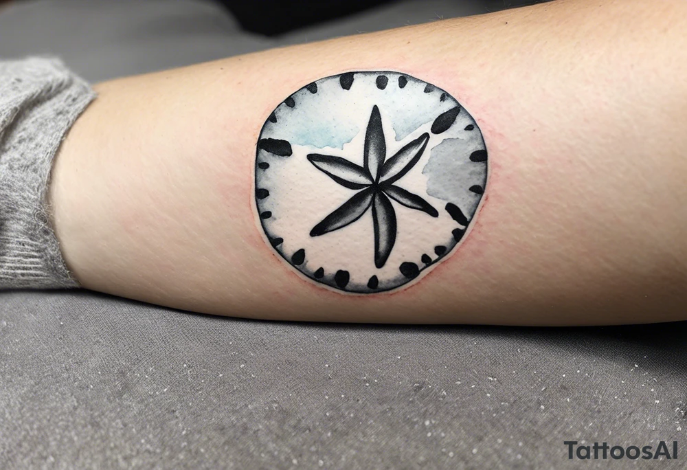 sand dollar 
watercolor
light gray
you can see the dove shell peaking out.
take out the black

draw sand around it like it's washed up on the beach.
the tattoo will go on the underside of my wrist. tattoo idea