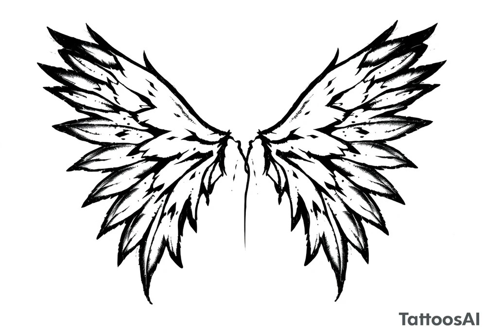 This tattoo design features a pair of stylized wings drawn in black ink with a sketch-like, abstract aesthetic. The wings are composed of sharp, angular feathers with jagged edges, giving them a rough, almost tribal or gothic appearance. The shading is done with a mix of soft gradients and stippling, adding depth and texture to the design. The center where the wings meet is fragmented, with thin lines extending downward, creating a sense of movement and raw energy. This design would make for a bold and edgy tattoo, symbolizing freedom, strength, or a rebellious spirit. tattoo idea