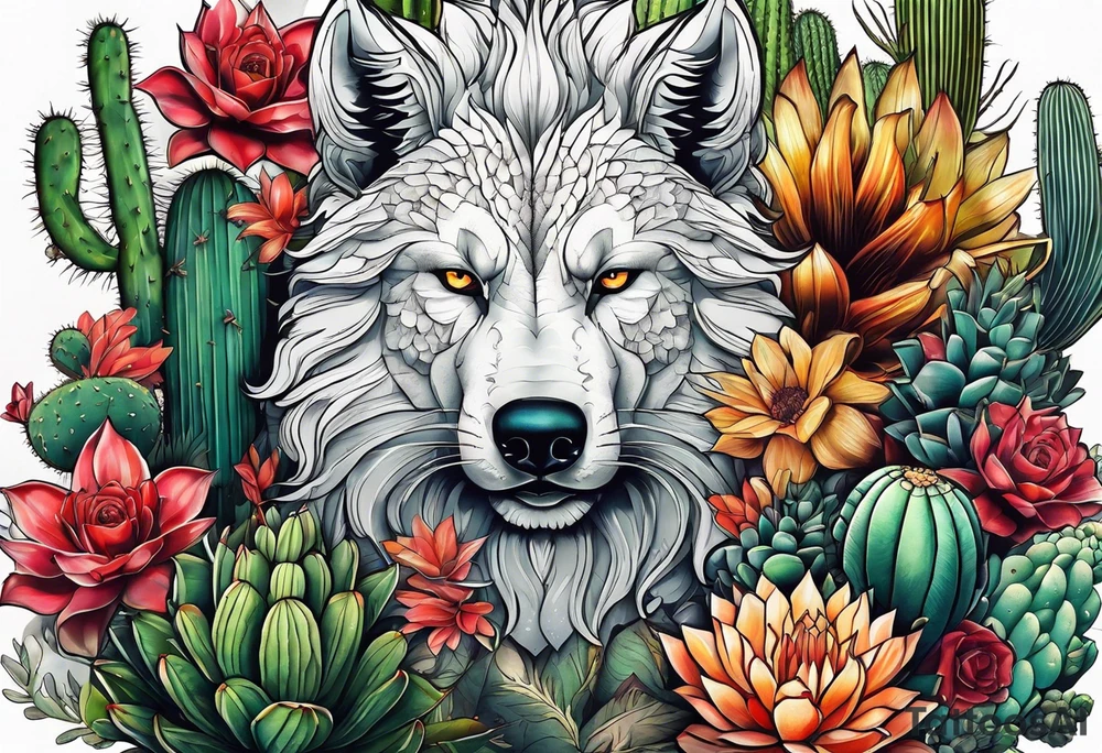 Lobo com cílios grande,  cactos e árvore sa vida tattoo idea
