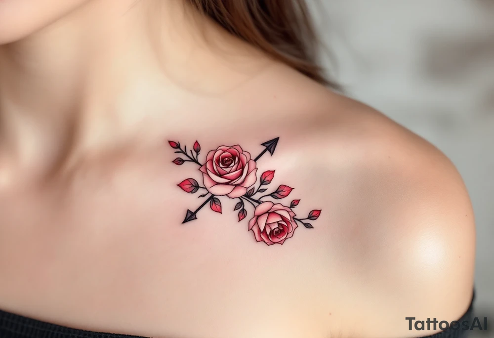 An arrow intertwined with blooming roses in deep red and soft pink hues, symbolizing love and passion. tattoo idea