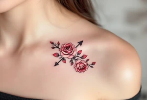 An arrow intertwined with blooming roses in deep red and soft pink hues, symbolizing love and passion. tattoo idea